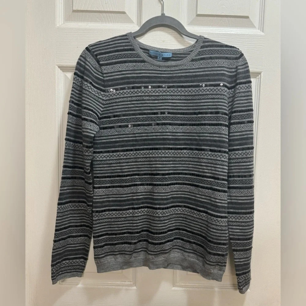 Antonio Melani Wool Blend Long Sleeve Sweater Sequin Stripes Cozy Size Med